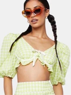 For Love & Lemons Maureen Crop Top Lime Gingham Lace-Trim Tie-Front Crop Top
